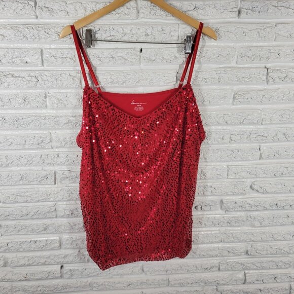 Lane Bryant Womens Top 26 28 Plus Camisole Red Sequins Spaghetti RED39E - Picture 1 of 8